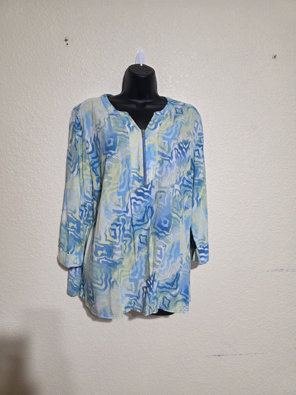 JM Collection Aqua and Yellow Abstract Zip-Front Tunic 3/4 Sleeve Sz Large